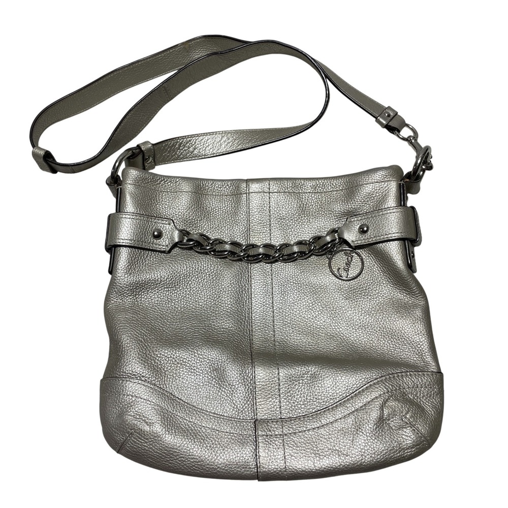 Coach Chain Duffle Bag in Silver Metallic Pebbled Leather C1275 F19722